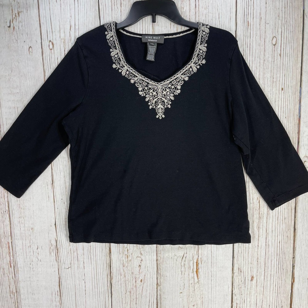 Nine West Women Top Black XXL Embroidered Neckline 3/4 Sleeve VNeck 100% Cotton